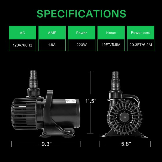 4500 GPH Submersible Water Pump, 220W Pond Pump, Ultra Quiet Aquarium Pump with 19FT. Lift Height for Pond Waterfall, Fish Tank, Statuary, or Hydroponics