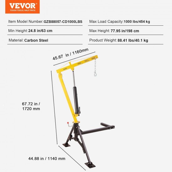 Hydraulic Pickup Truck Hitch Mounted Crane, 1000 lbs Capacity, 360° Swivel, Yellow