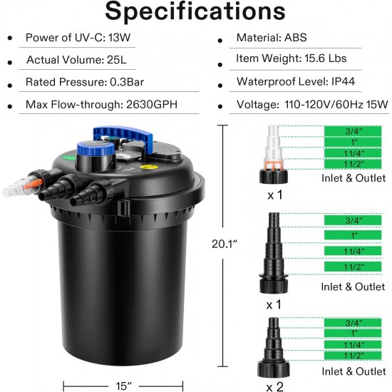 Bio Pressure Pond Filter, up to 2600 Gallons, Pond Filter System with Convenient Cleaning Crank Handle for Garden, Pool, Fishpond, Black