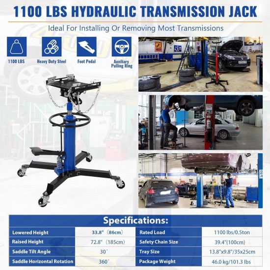 1322lbs Transmission Jack Lift with Anti-Slip Rubber Pad, Adjustable Telescoping Hydraulic Transmission Jack, High Lift Single Telescopic Jacks Hoist w/Pedal, 33.8 to 72.8 Lifting Range