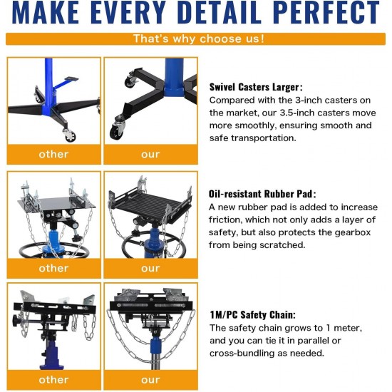 1322lbs Transmission Jack Lift with Anti-Slip Rubber Pad, Adjustable Telescoping Hydraulic Transmission Jack, High Lift Single Telescopic Jacks Hoist w/Pedal, 33.8 to 72.8 Lifting Range