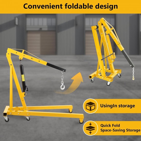 2 Ton Folding Engine Crane Engine Hoist Cherry Picker Ship Crane Heavy Duty Steel Lift Garage Workshop Auto Repair Foldable Stand 6 Caster (Yellow)