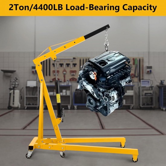 2 Ton Folding Engine Crane Engine Hoist Cherry Picker Ship Crane Heavy Duty Steel Lift Garage Workshop Auto Repair Foldable Stand 6 Caster (Yellow)