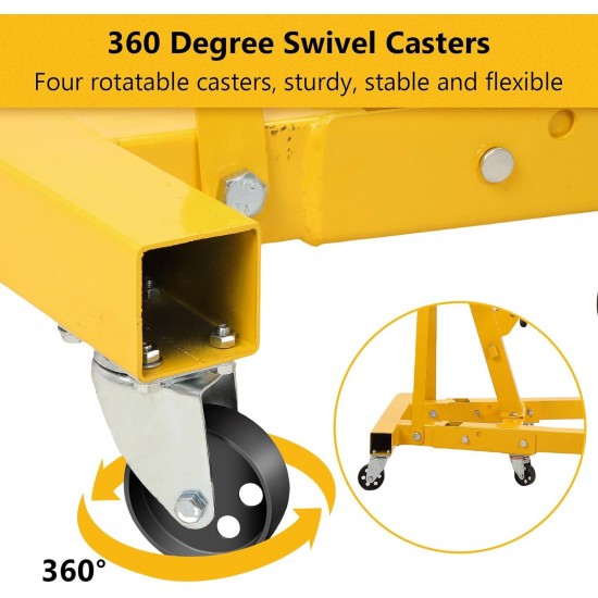 2 Ton Folding Engine Crane Engine Hoist Cherry Picker Ship Crane Heavy Duty Steel Lift Garage Workshop Auto Repair Foldable Stand 6 Caster (Yellow)