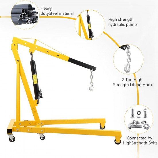 2 Ton Folding Engine Crane Engine Hoist Cherry Picker Ship Crane Heavy Duty Steel Lift Garage Workshop Auto Repair Foldable Stand 6 Caster (Yellow)