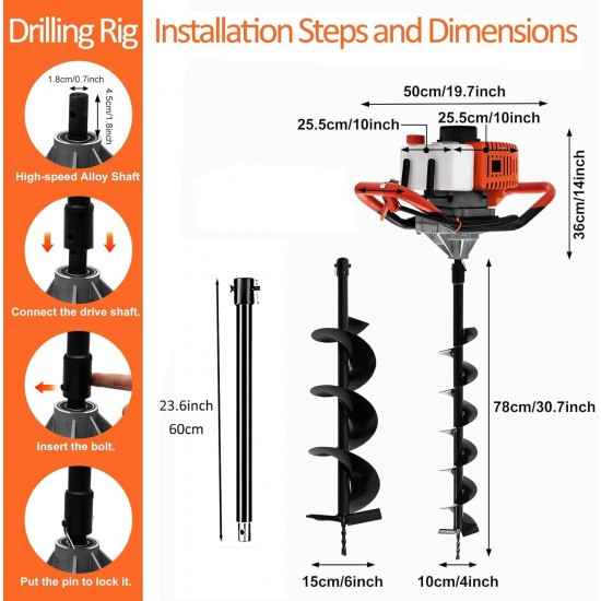 62cc 2.8HP Gas Powered Post Hole Digger, Gas Earth Auger/Ice Auger, with 3/6 Bits + 32Extension Bar, 2-Stroke Gasoline Post Digger for Fence Garden Farm Plant.