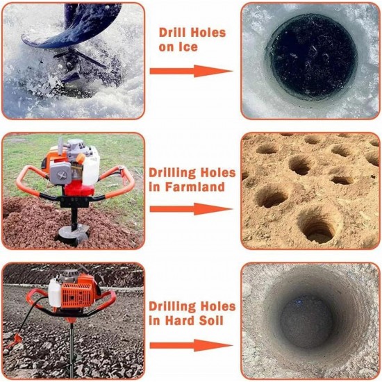 62cc 2.8HP Gas Powered Post Hole Digger, Gas Earth Auger/Ice Auger, with 3/6 Bits + 32Extension Bar, 2-Stroke Gasoline Post Digger for Fence Garden Farm Plant.