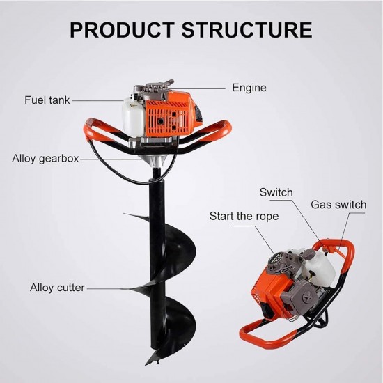 62cc 2.8HP Gas Powered Post Hole Digger, Gas Earth Auger/Ice Auger, with 3/6 Bits + 32Extension Bar, 2-Stroke Gasoline Post Digger for Fence Garden Farm Plant.