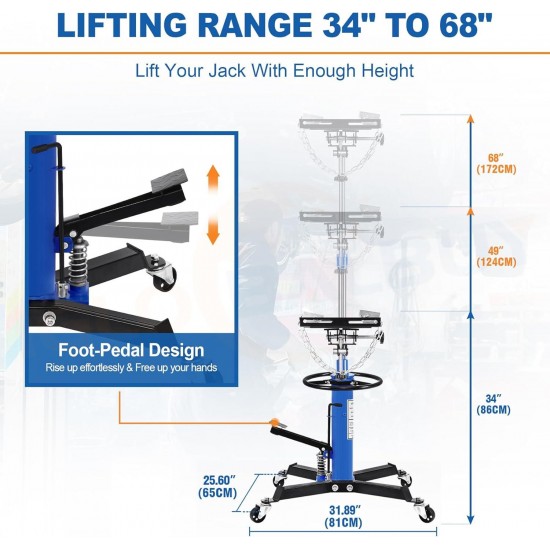 Transmission Jack Lift 1322lbs, 2 Stage Adjustable Telescoping Hydraulic Transmission Jack, High Lift Dual Telescopic Trans Jacks Hoist w/Pedal, 34 to 68 Lifting Range