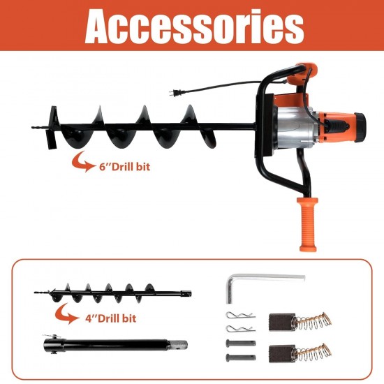 1500W Electric Post-Hole Digger, 6-Inch & 4-Inch Auger Bit Earth Auger, Ideal for Post Hole Digging, Drilling, Tree Planting（No Bag）