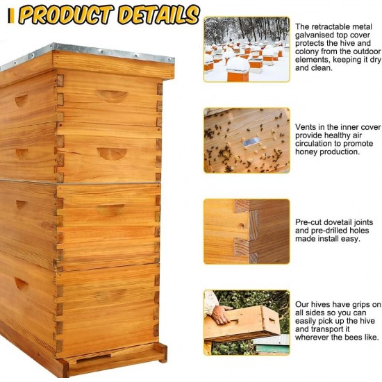 Bee Hive Starter Kit, 8 Frame Bee Hives,Hive Include 2 Deep Bee Box 2 Medium Beehive Box with Bee Frames and Wax Foundation,Unassembled Beehive Starter Kit for Beekeeper