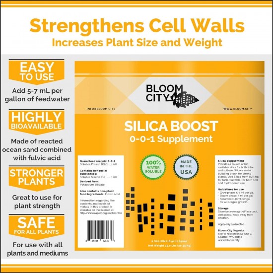 Liquid Silica Boost Fertilizer and Supplement by Bloom City, 5 Gallon (640 oz) Concentrated Makes 3750 Gallons