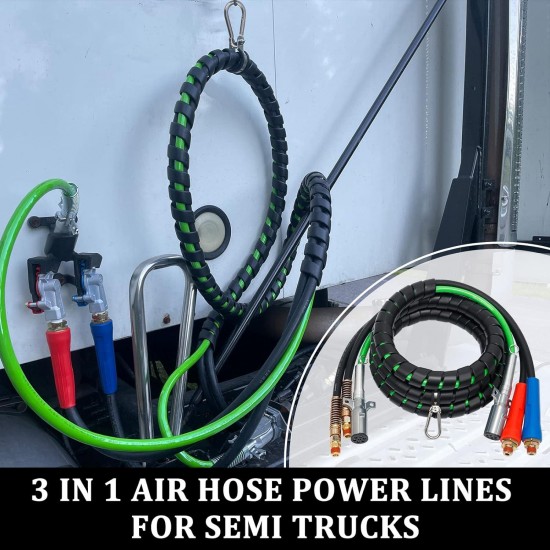 15ft 3 in 1 ABS & Power Air Line Hose with Glad Hands & 4 Glad Hand Seals for Tractor Trailer Semi Truck