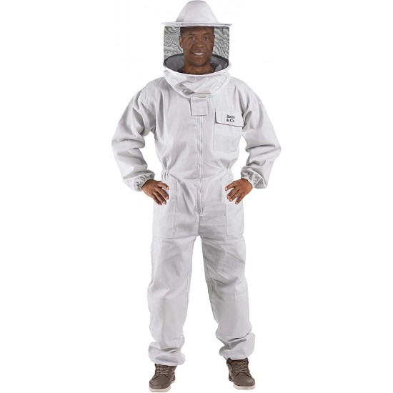 U73 Natural Cotton Beekeeper Suit with Round Veil, L, White