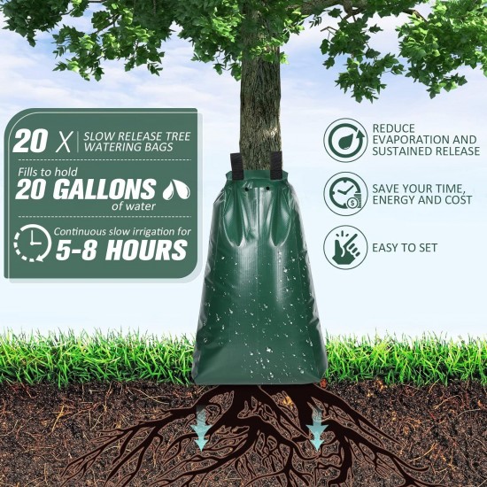 20 Pack Tree Watering Bags 20 Gallon PVC Slow Release Heavy Duty Tree Water Bag Bulk with Zipper and Handle Reusable Plant Drip Irrigation System for Trees Irrigation, 5-8 Hours Releasing Time