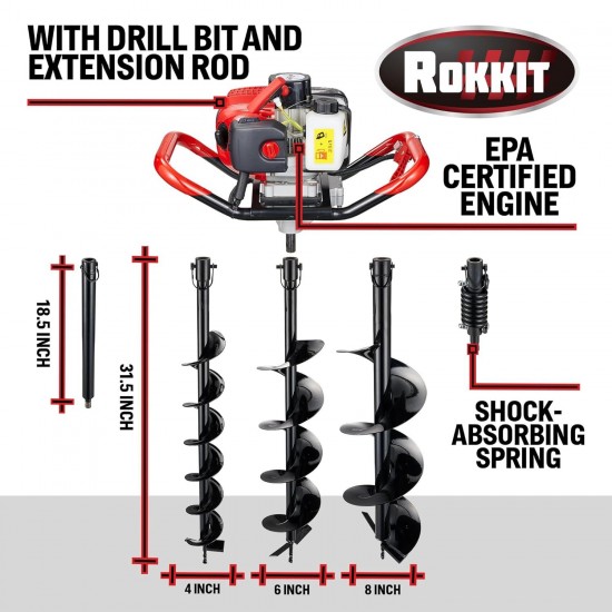 Post Hole Digger, 52cc 2.2HP 2-Stroke Petrol Gas Powered Post Hole Digger with 3 Earth Auger Drill Bits 4” 68 Extensions Rod