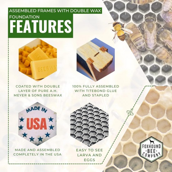 Made in USA - Fully Assembled Deep Beekeeping Frames with Double Wax Beeswax Coated Plastic Foundation - 20 Pack