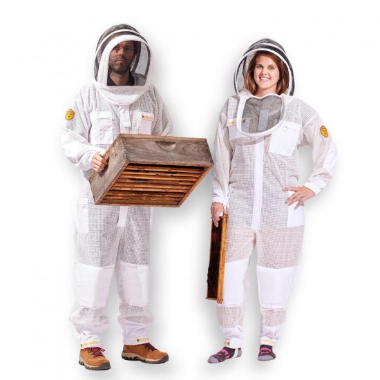 Sting Stopper Triple Layer Ventilated Bee Suit with Completely Updated Design with New Pockets, Boot Friendly Double Ring Zippers, Easy Open Veil for Men and Women, Beekeeper White, Small