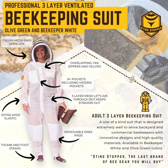 Sting Stopper Triple Layer Ventilated Bee Suit with Completely Updated Design with New Pockets, Boot Friendly Double Ring Zippers, Easy Open Veil for Men and Women, Beekeeper White, Small