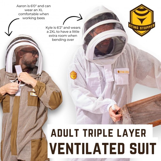 Sting Stopper Triple Layer Ventilated Bee Suit with Completely Updated Design with New Pockets, Boot Friendly Double Ring Zippers, Easy Open Veil for Men and Women, Beekeeper White, Small