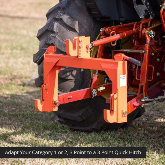 3 Point Quick Hitch Adaption to Category 1 Tractors, 3000 LB Lifting Capacity, 27.5 Between Lower Arms, 14.5 ~17.5 Level Adjustment, Orange Finish