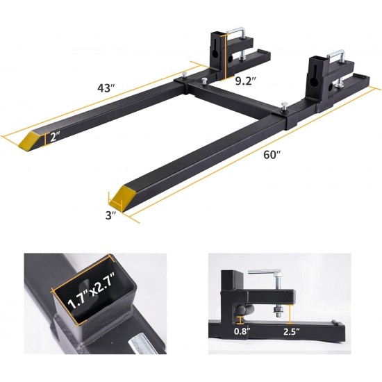 60 4000lbs Clamp on Pallet Forks Heavy Duty Tractor Forks with Adjustable Stabilizer Bar Tractor Bucket Forks for Tractor Attachments, Skid Steer, Loader Bucket