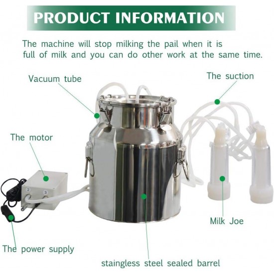 Milking Machine for Goats Cows, Pulsation Vacuum Pump Milker, Milking Supplies W/Stainless Steel Bucket, Portable Livestock Milking Equipment, Automatic Stop Device