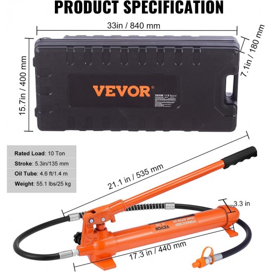 10 Ton Porta Power Kit, Hydraulic Ram with Pump, Car Jack with 4.6 ft/1.4 m Oil Hose, Bent Frame Repair Tool with Storage Case for Automotive, Garage, Heavy Equipment, Mechanic (22046 LBS)