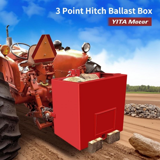 3 Point Hitch Ballast Box, 800 lbs Tractor Ballast Box with 2'' Quick Hitch Receiver for 3 Point Category 1 Tractors, Loaders and Skid Steers, Red