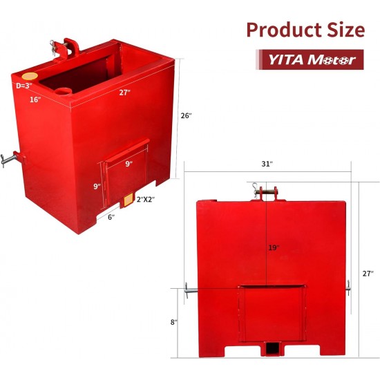 3 Point Hitch Ballast Box, 800 lbs Tractor Ballast Box with 2'' Quick Hitch Receiver for 3 Point Category 1 Tractors, Loaders and Skid Steers, Red