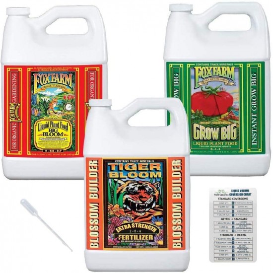 Liquid Nutrient Trio Soil Formula: Big Bloom, Grow Big, Tiger Bloom (Pack of 3 - 1 Gallon Bottles) Bundled with Twin Canaries Chart & Pipette