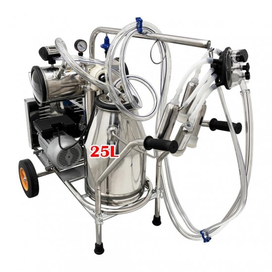 Electric Milking Machine, Farm Bucket Milker, SS Vacuum Pump Milking Machine for Cows/Goats with 25L 304 Stainless Steel Bucket,10-12Cows/Hour, with Wheels Easily Move for Cows/Sheeps