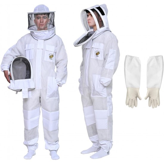 Three Layer Ultra Ventilated Mesh Beekeeping Bee Suit with Beekeeper Gloves & Two Beekeeping Veils for Men & Women.