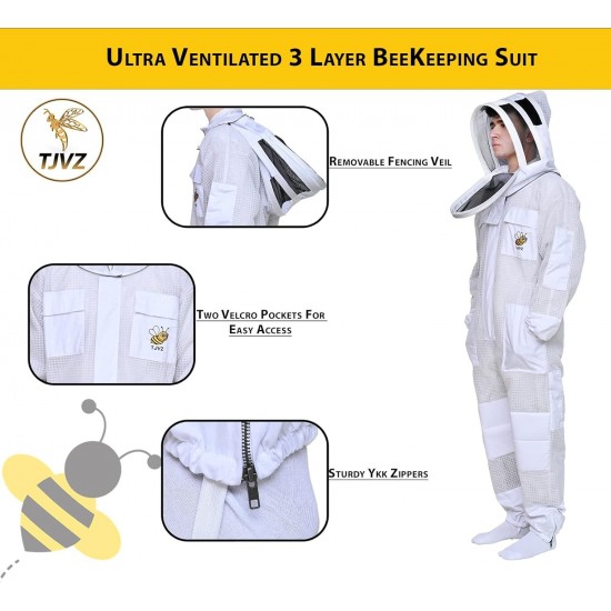 Three Layer Ultra Ventilated Mesh Beekeeping Bee Suit with Beekeeper Gloves & Two Beekeeping Veils for Men & Women.