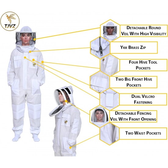 Three Layer Ultra Ventilated Mesh Beekeeping Bee Suit with Beekeeper Gloves & Two Beekeeping Veils for Men & Women.