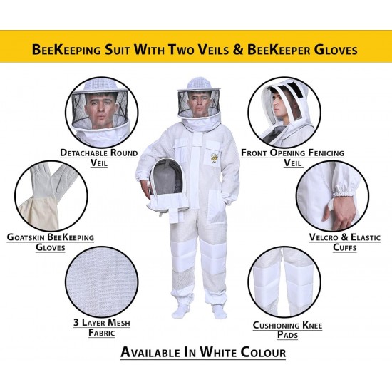 Three Layer Ultra Ventilated Mesh Beekeeping Bee Suit with Beekeeper Gloves & Two Beekeeping Veils for Men & Women.