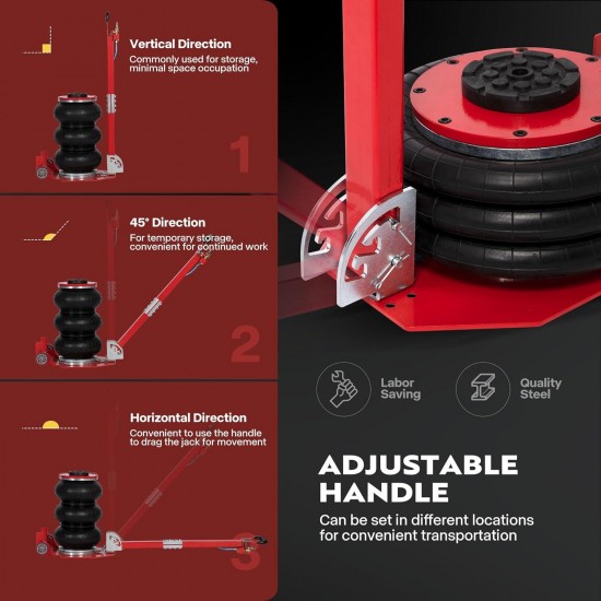 3 Ton Air Bag Jack with Wheels, 6600lbs Pneumatic Car Jack with Adjustable Long Handle, Lift Range 5.3 Inch to 15.8 Inch, 3-5S Fast Lifting, Red