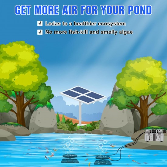 24V Pond Aerators for Outdoor Ponds,4.56CFM Solar Powered Pond Aerator for up to 1 Acre Ponds or Lakes Equipped with 2 Diffusers and a 100ft pipe For pond and lake oxygenation.