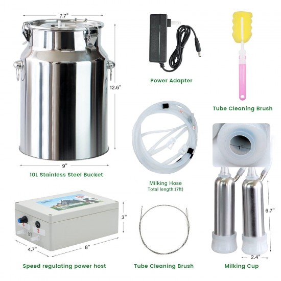 10L Cow Milking Machine Pulsation Vacuum Pump Electric Milker Automatic Portable Livestock Milking Machine with Stainless Steel Milk Bucket Tube Brush