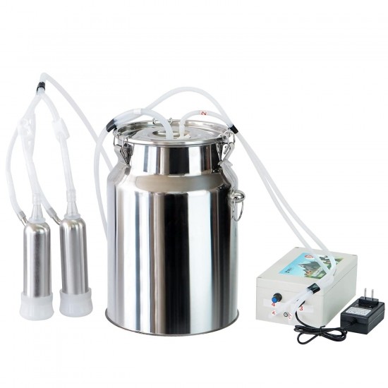 10L Cow Milking Machine Pulsation Vacuum Pump Electric Milker Automatic Portable Livestock Milking Machine with Stainless Steel Milk Bucket Tube Brush