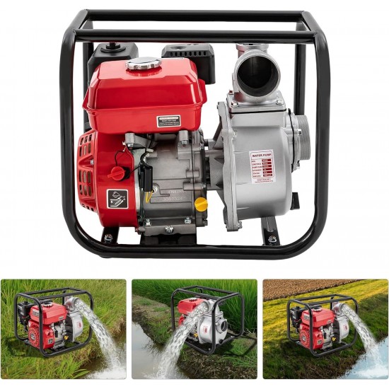 Water Pump, 7.5HP 3 Self-Priming Gas-Powered Semi-Trash Water Pump with 24.61ft Water Pipe, 4-stroke Single-cylinder Air-cooled Water Transfer Pump, 12/250N.m/r/min, 221CC