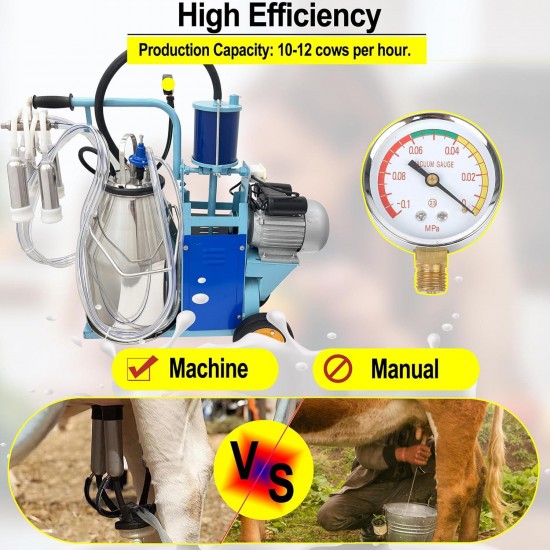 Electric Milking Machine 25L, 1440 RPM 10-12 Cows Per Hour Milker Machine, Milking Equipment with 304 Stainless Steel Bucket, Single Cow Milking Machine, Bucket Milker for Cows Goats Sheep