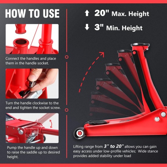 TOOLS-00235 Low Profile Hydraulic Trolley Service/Floor Jack, 3 Ton (6000 lbs) Capacity, Lifting Range 3-20