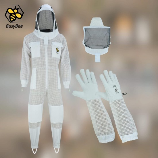 Sting Proof Bee Suit, 3 Layer Bee Keeper Suit for Men, Premium White Fabric Mesh Beekeeper Suit, Professional Bee Suits for Men Sting Proof, Unisex Hornet Suit with Gloves Large