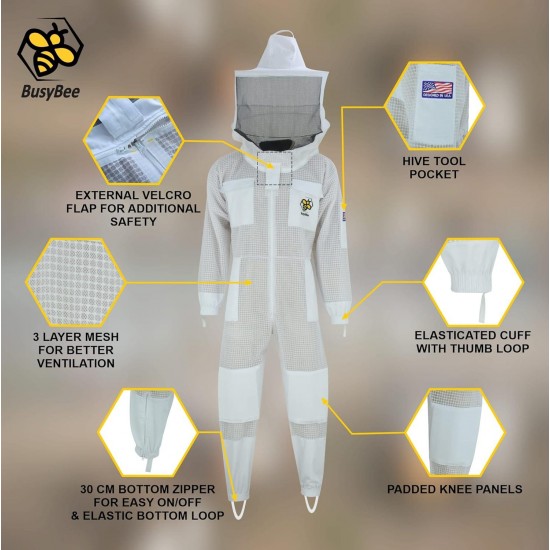 Sting Proof Bee Suit, 3 Layer Bee Keeper Suit for Men, Premium White Fabric Mesh Beekeeper Suit, Professional Bee Suits for Men Sting Proof, Unisex Hornet Suit with Gloves Large