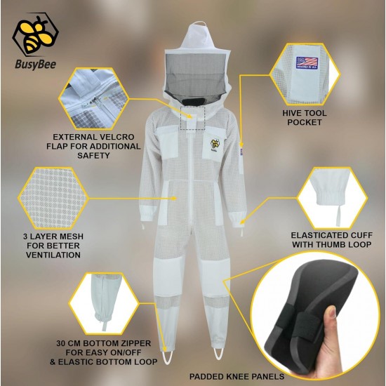 Sting Proof Bee Suit, 3 Layer Bee Keeper Suit for Men, Premium White Fabric Mesh Beekeeper Suit, Professional Bee Suits for Men Sting Proof, Unisex Hornet Suit with Gloves Large