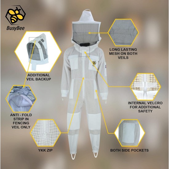 Sting Proof Bee Suit, 3 Layer Bee Keeper Suit for Men, Premium White Fabric Mesh Beekeeper Suit, Professional Bee Suits for Men Sting Proof, Unisex Hornet Suit with Gloves Large