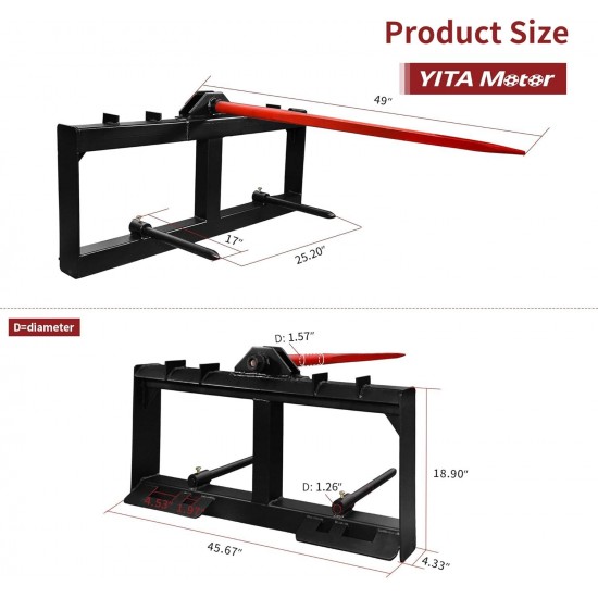 49 Hay Spear Attachment, 3000lbs Capacity Quick Attach for Bobcat Tractors & Skid Steer Loader with 1pc 49 Red Hay Spear & 2pcs 17 Black Stabilizer Spears Spike Fork Tine