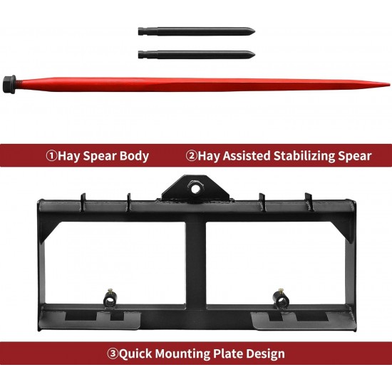 49 Hay Spear Attachment, 3000lbs Capacity Quick Attach for Bobcat Tractors & Skid Steer Loader with 1pc 49 Red Hay Spear & 2pcs 17 Black Stabilizer Spears Spike Fork Tine