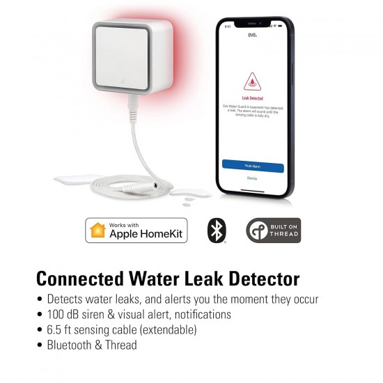 Aqua – Smart water controller for Apple Home app or Siri, irrigate automatically with schedules, HomeKit & Water Guard - Smart Home Water Leak Detector, 6.5 ft Sensing Cable, 100 dB Siren